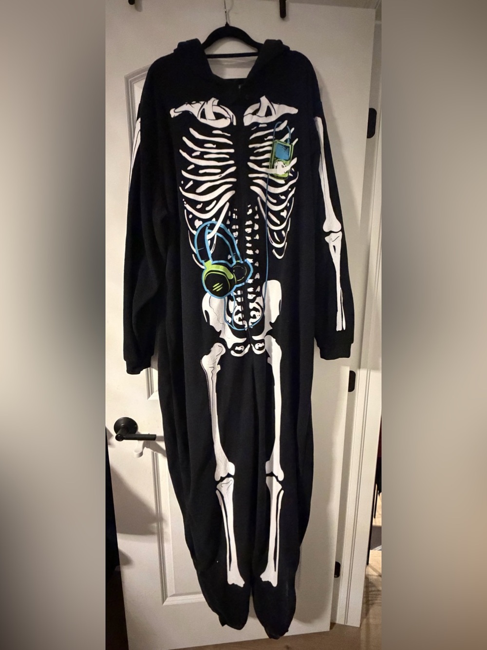 Black Skeleton Hooded Onesie Costume Pajama Jumpsuit Adult Size XL Black